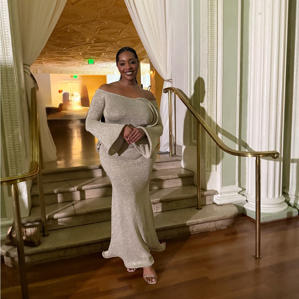 Meshki Glittering Cream Off-Shoulder Dress